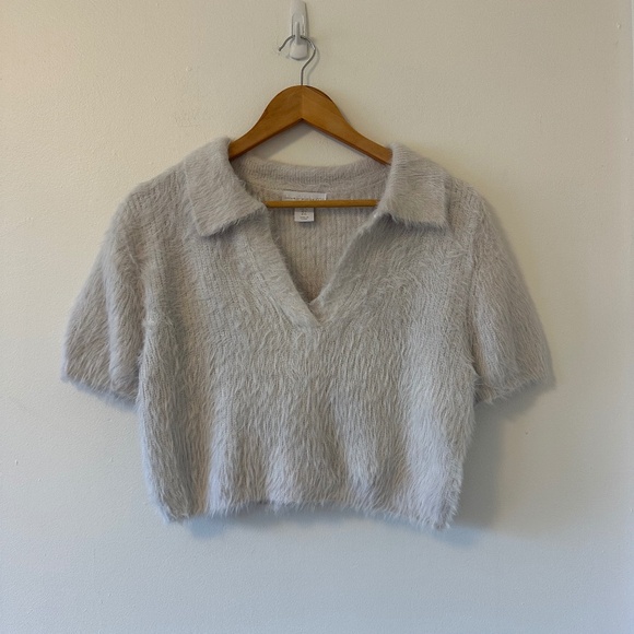 House of Harlow 1960 Sweaters - House of Harlow 1960 Fuzzy Pastel Blue Cropped Polo Sweater | Size Large